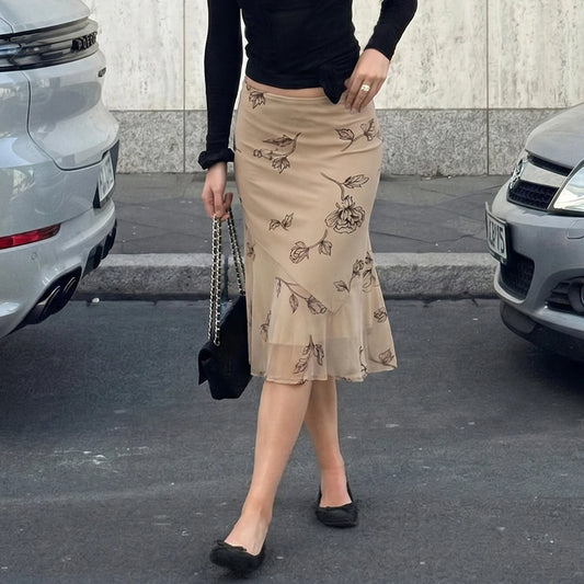 Beige Floral Print Midi Skirt