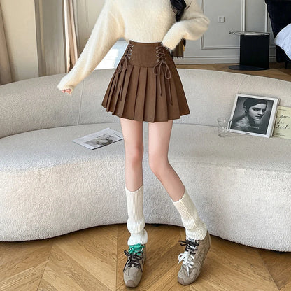 Brown Faux Suede Pleated Skirt