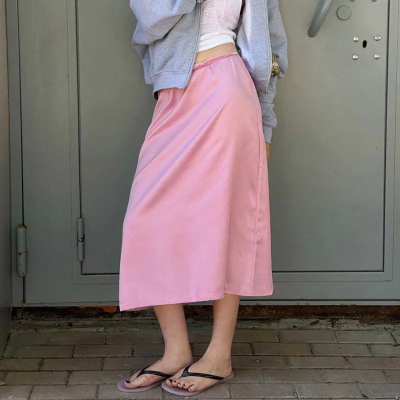 Pink Satin Midi Skirt