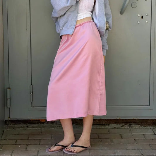 Pink Satin Midi Skirt