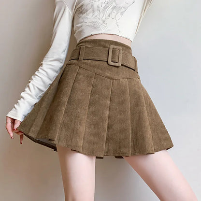 Corduroy Pleated Skirt with Belt