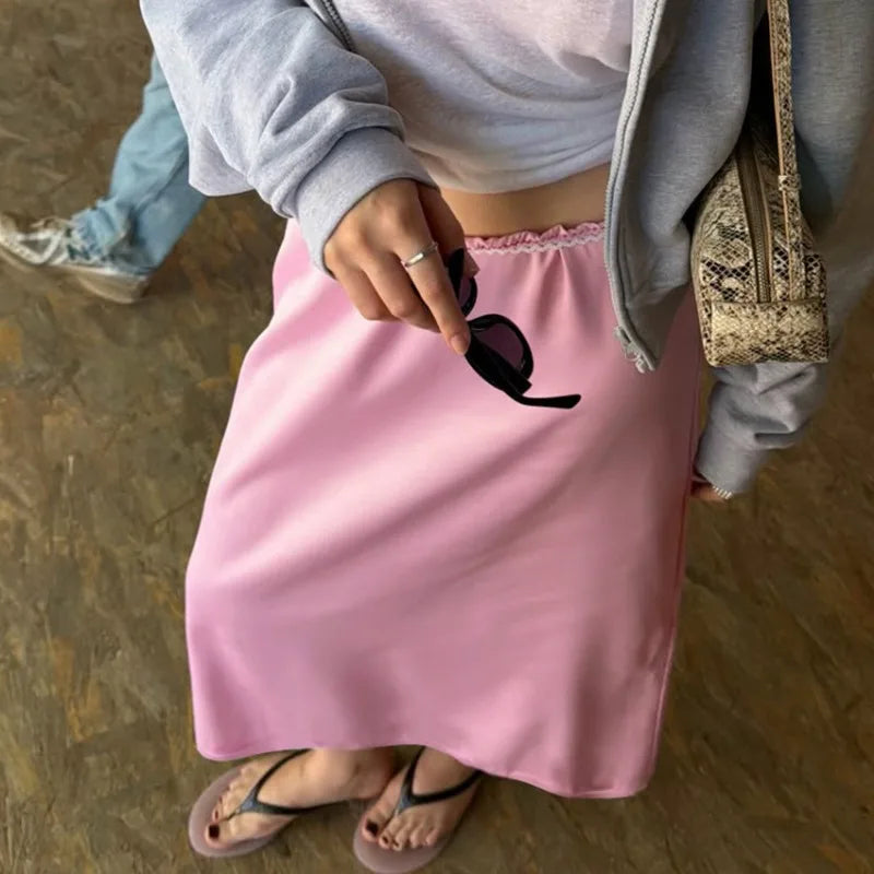 Pink Satin Midi Skirt