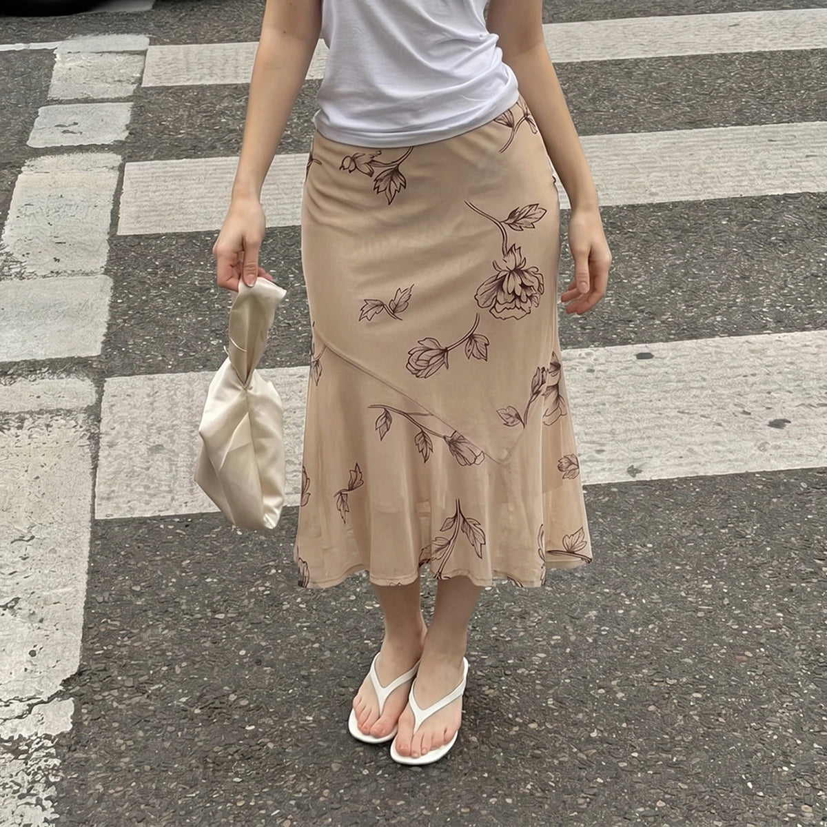 Beige Floral Print Midi Skirt