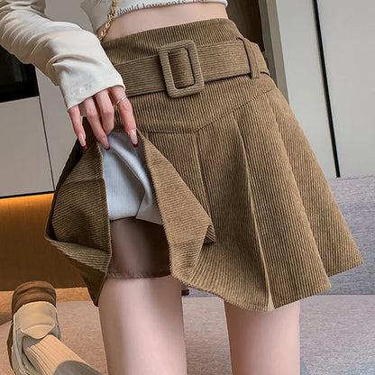 Corduroy Pleated Skirt with Belt