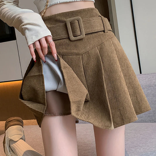 Corduroy Pleated Skirt with Belt