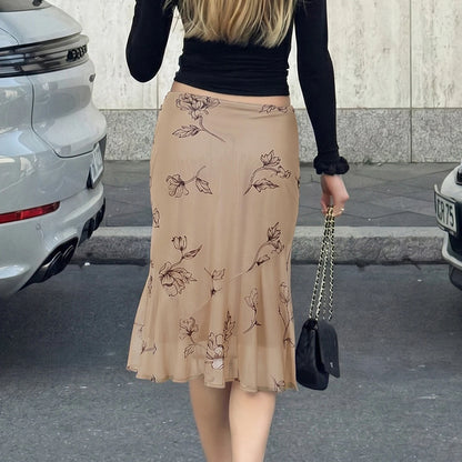 Beige Floral Print Midi Skirt