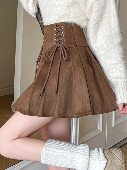 Brown Faux Suede Pleated Skirt