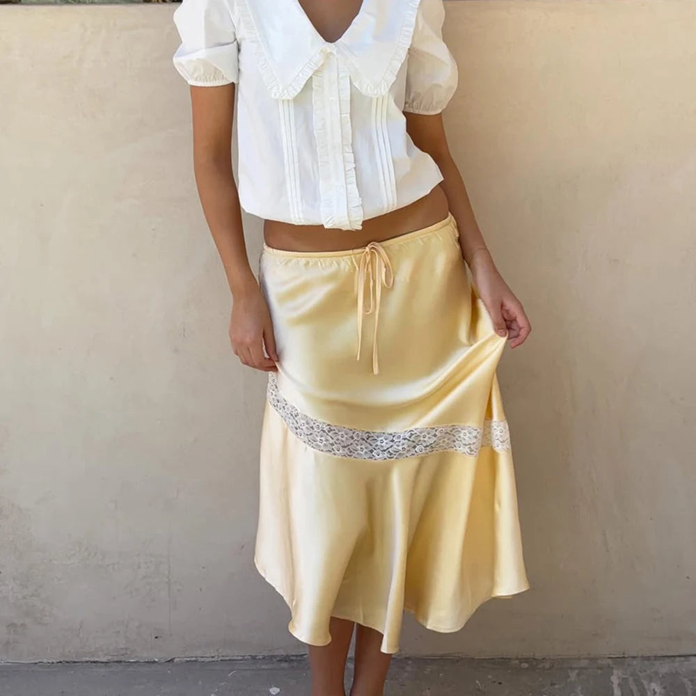 Yellow Satin Midi Skirt
