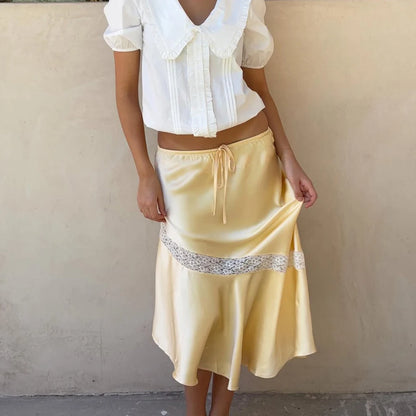 Yellow Satin Midi Skirt