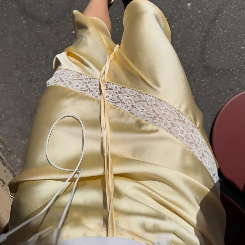 Yellow Satin Midi Skirt