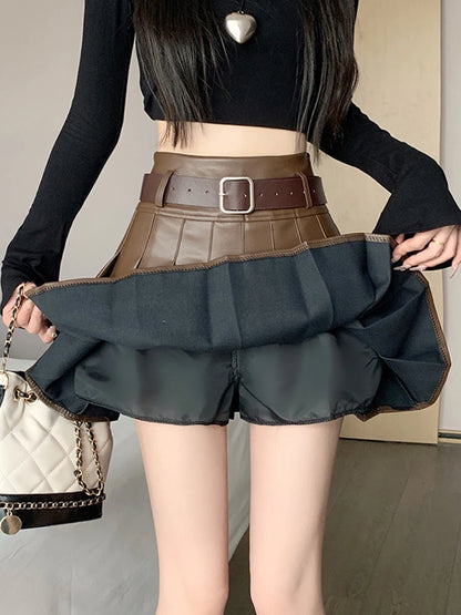 Brown Faux Leather Pleated Skirt