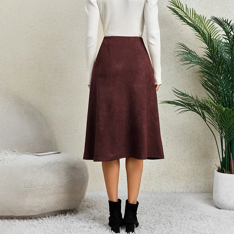 Burgundy Faux Suede Midi Skirt