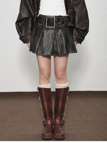 Faux Leather Pleated  Mini Skirt