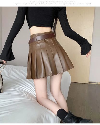 Brown Faux Leather Pleated Skirt