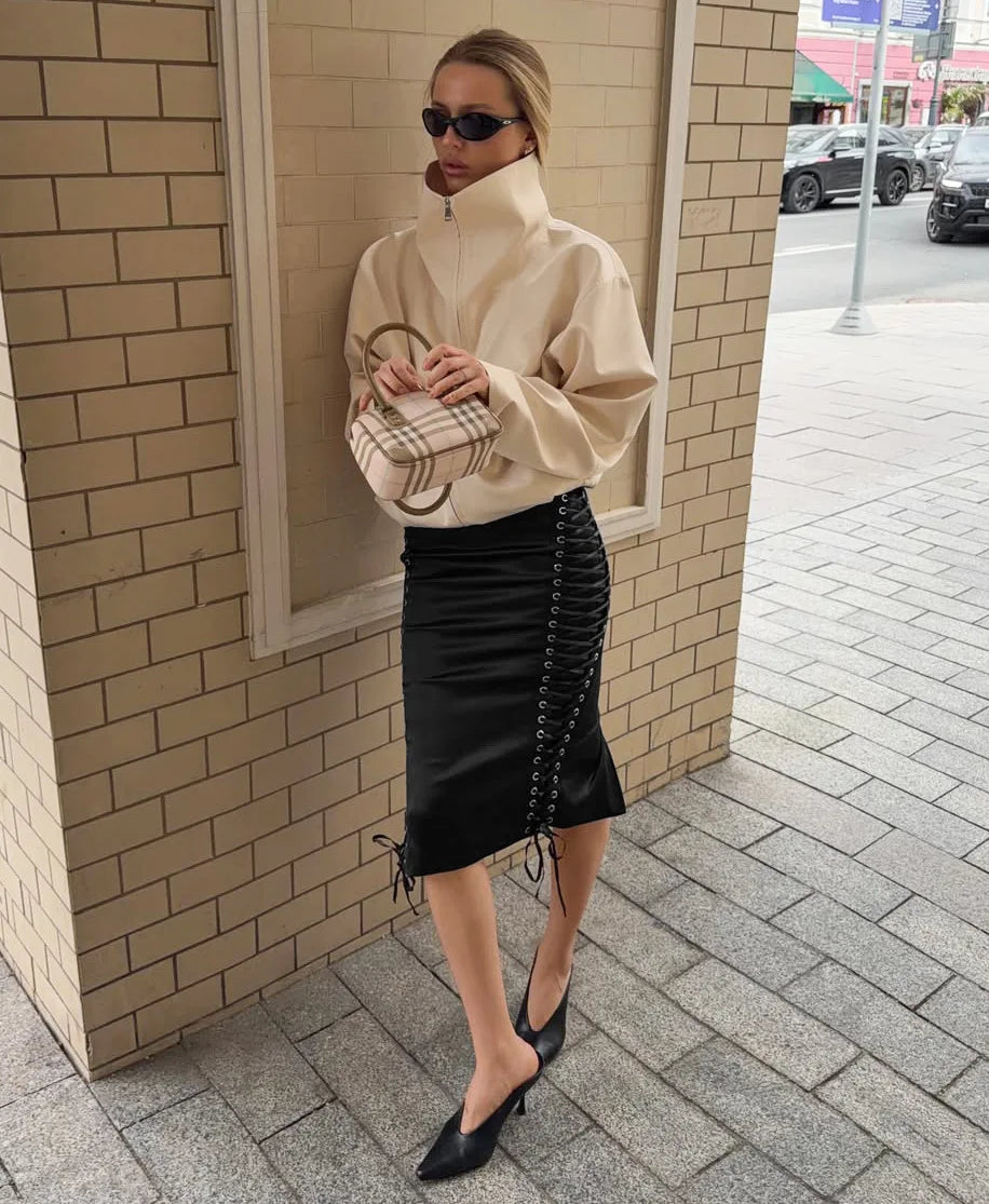 Black Lace Up Midi Skirt