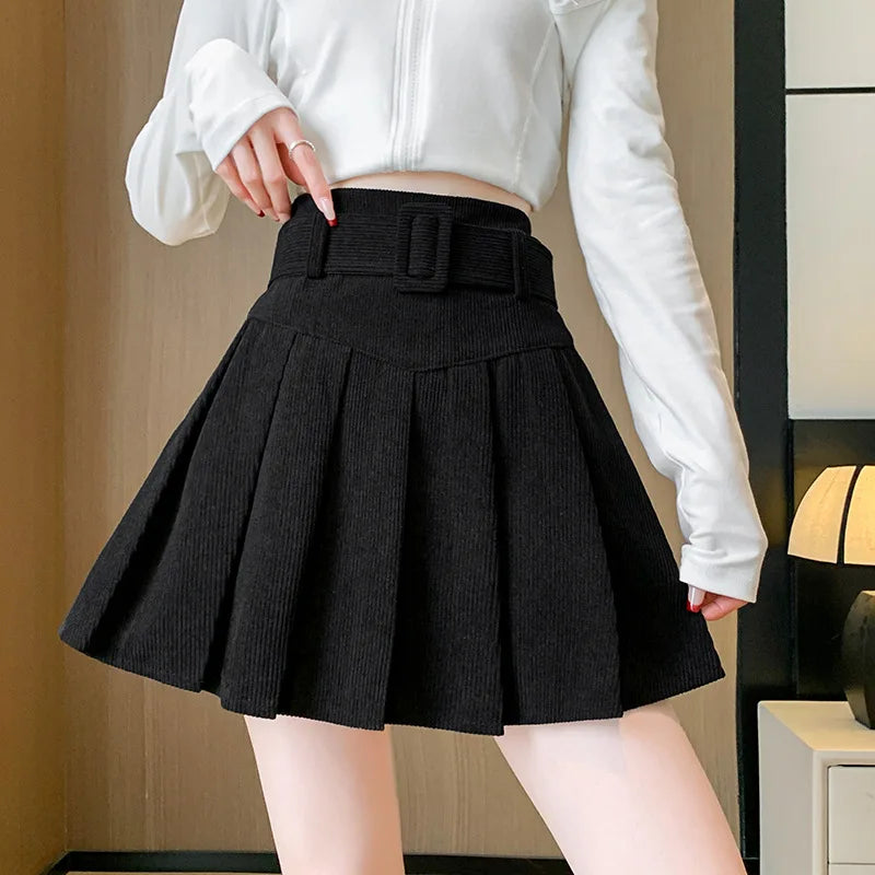 Corduroy Pleated Skirt with Belt