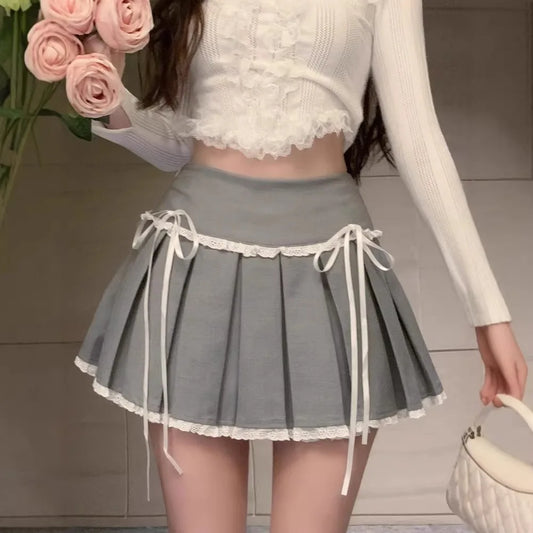 Grey Pleated Skirt with Ribbon Ties