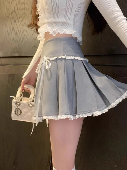 Grey Pleated Skirt with Ribbon Ties