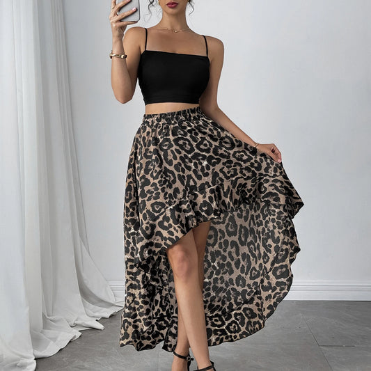 High-Low Leopard Ruffle Skirt