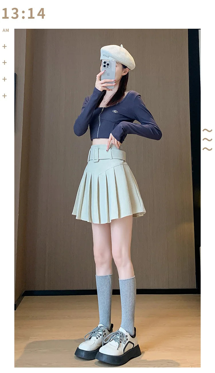 Corduroy Pleated Skirt with Belt