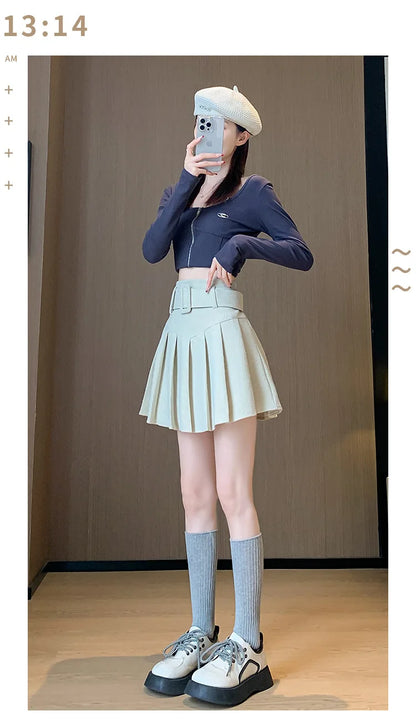 Corduroy Pleated Skirt with Belt