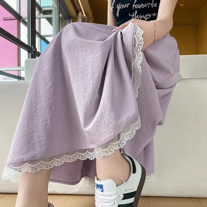 Lace Hem A-Line Long Skirt