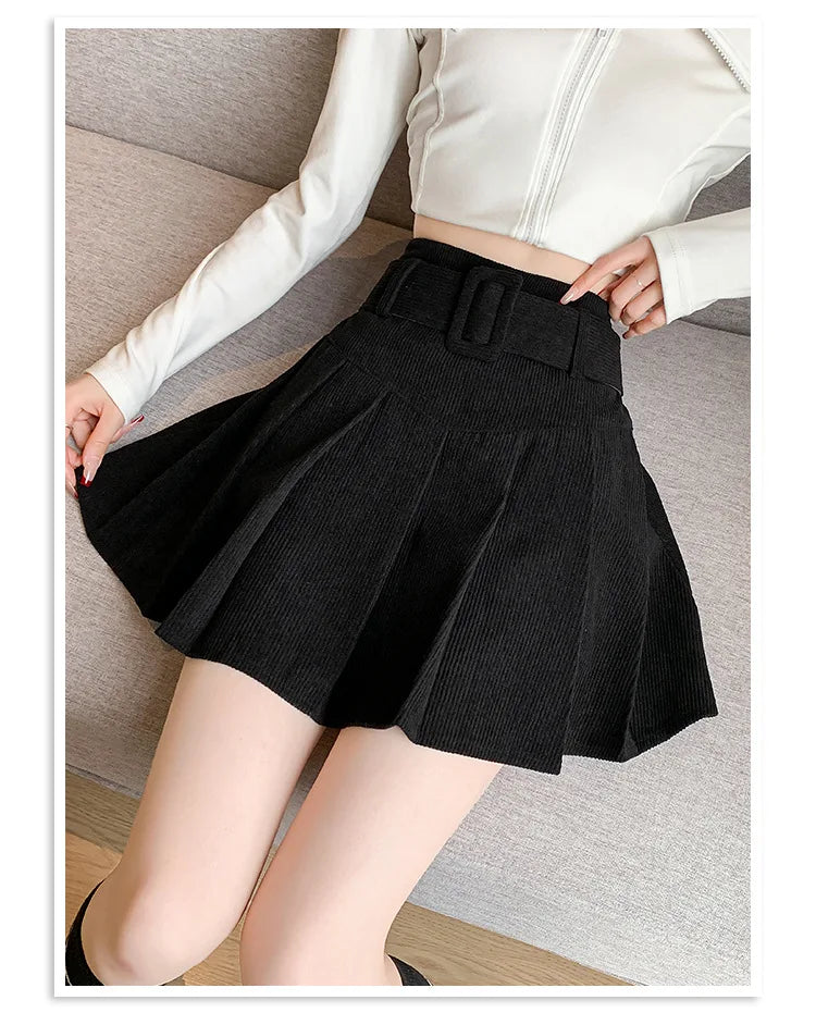 Corduroy Pleated Skirt with Belt
