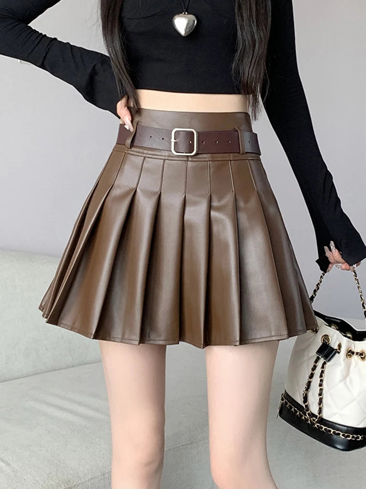 Brown Faux Leather Pleated Skirt