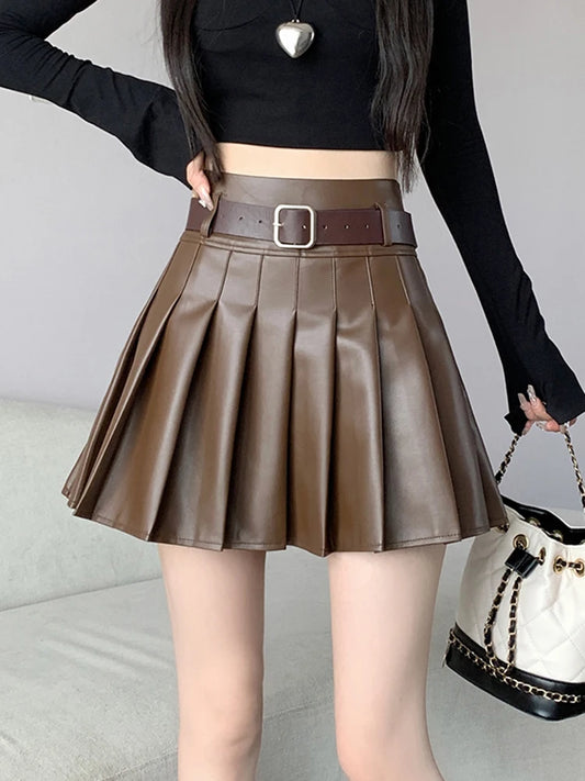 Brown Faux Leather Pleated Skirt