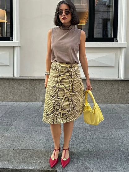 Snakeskin Printed Midi Skirt