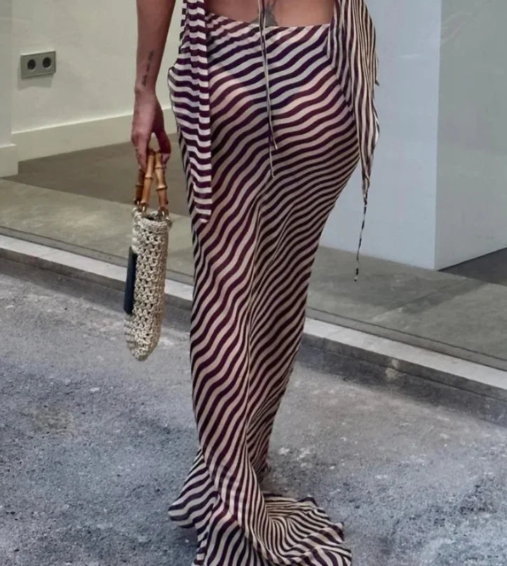 Striped Mesh Long Skirt