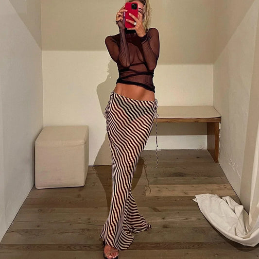 Striped Mesh Long Skirt