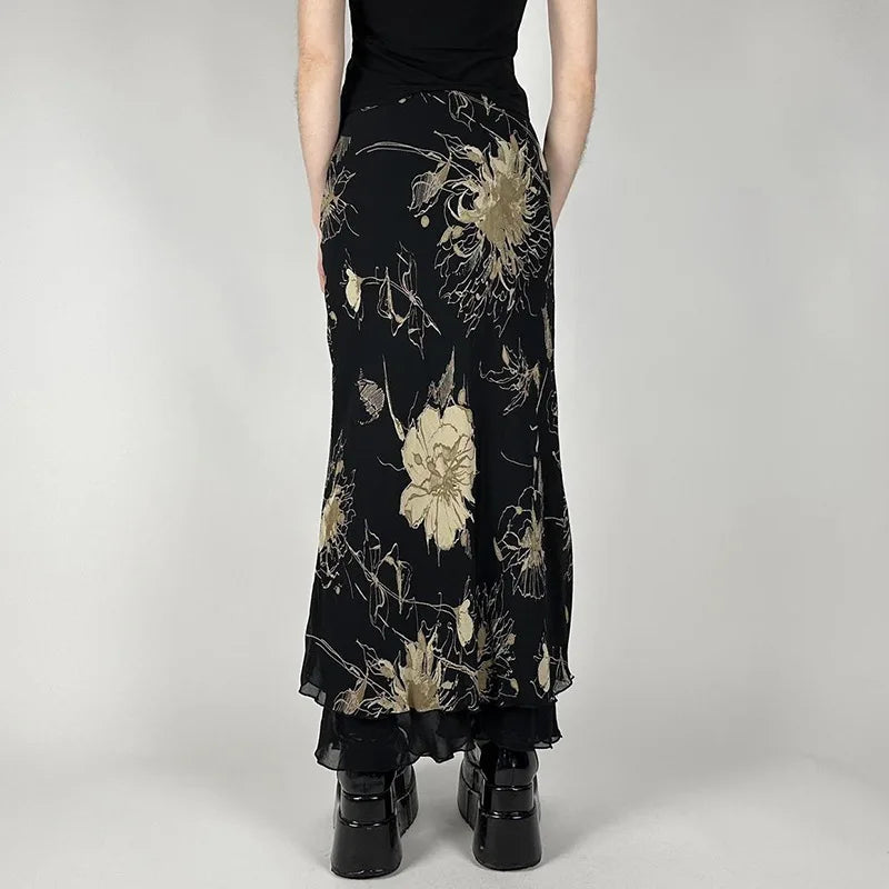 Y2K Black Mesh Floral Skirt