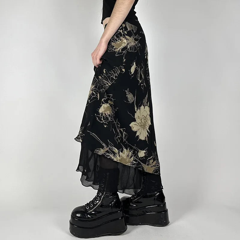 Y2K Black Mesh Floral Skirt