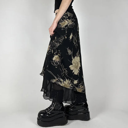 Y2K Black Mesh Floral Skirt