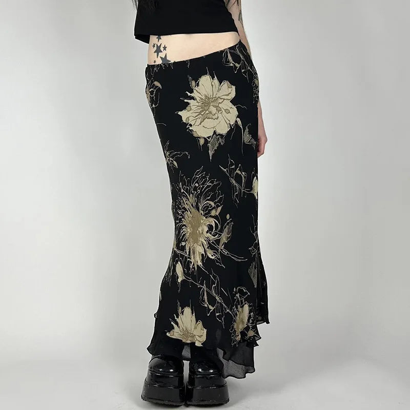 Y2K Black Mesh Floral Skirt