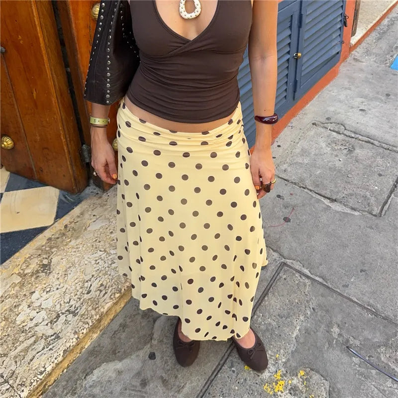 Yellow Polka Dot Chiffon Midi Skirt