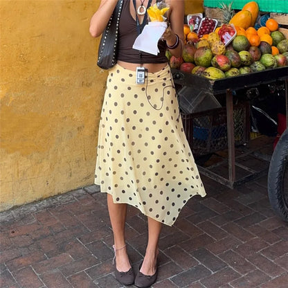 Yellow Polka Dot Chiffon Midi Skirt